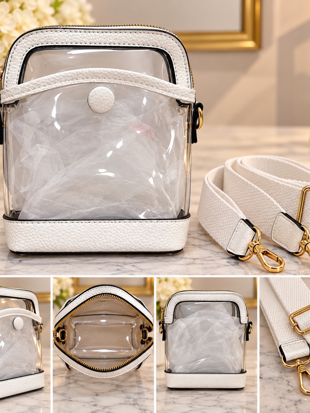 Clear White Crossbody Bag with Gold Hardware
